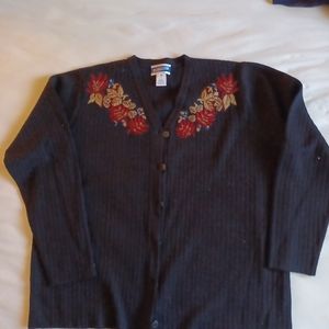 Pendleton cardigan. Black with embroidered flowers. Size 1X.